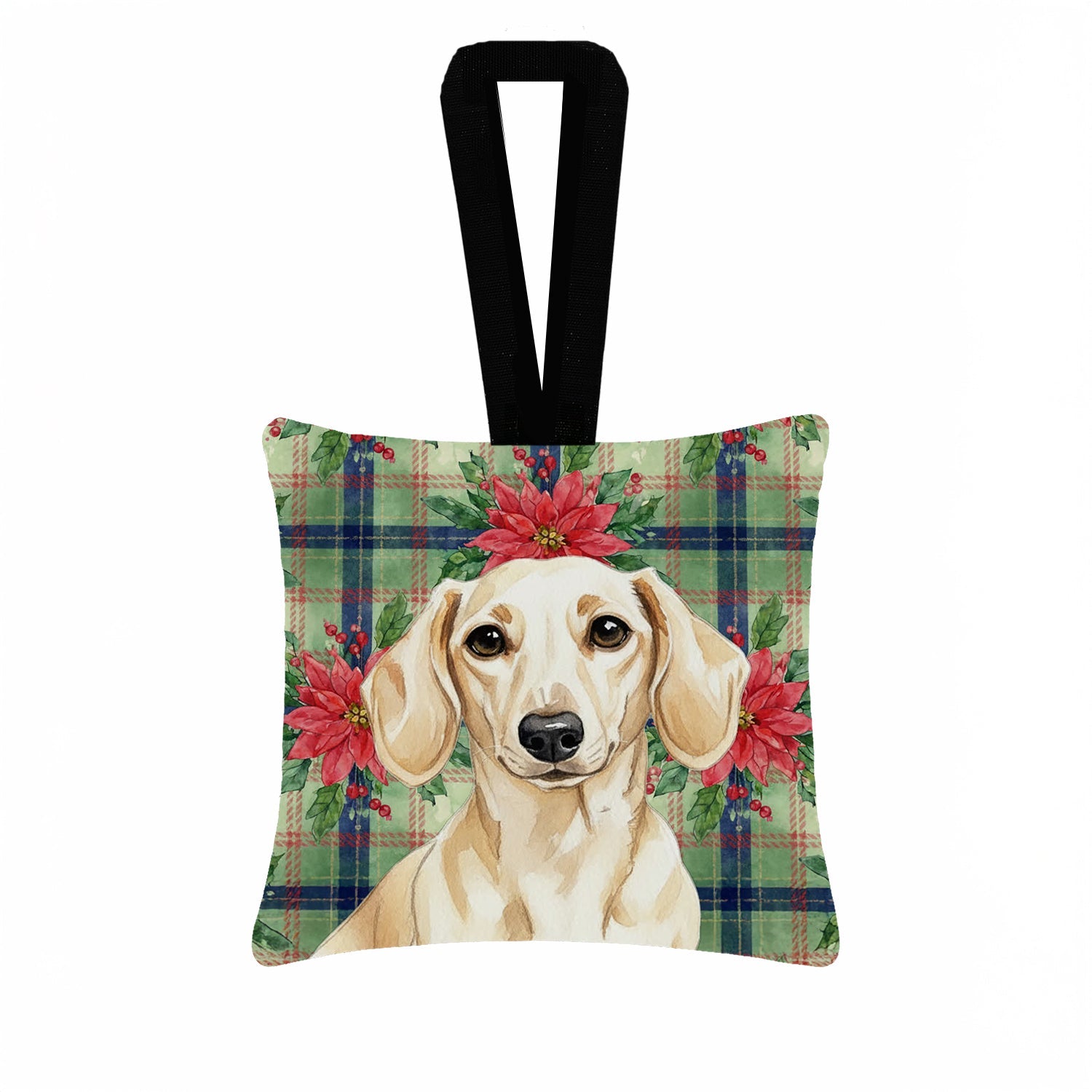 Cream Dachshund Christmas PoinsettIas Hanging Square Fabric Ornament 3.5 � 3.5 Decorative Door-Knob & Tree Hanger, Soft Fabric