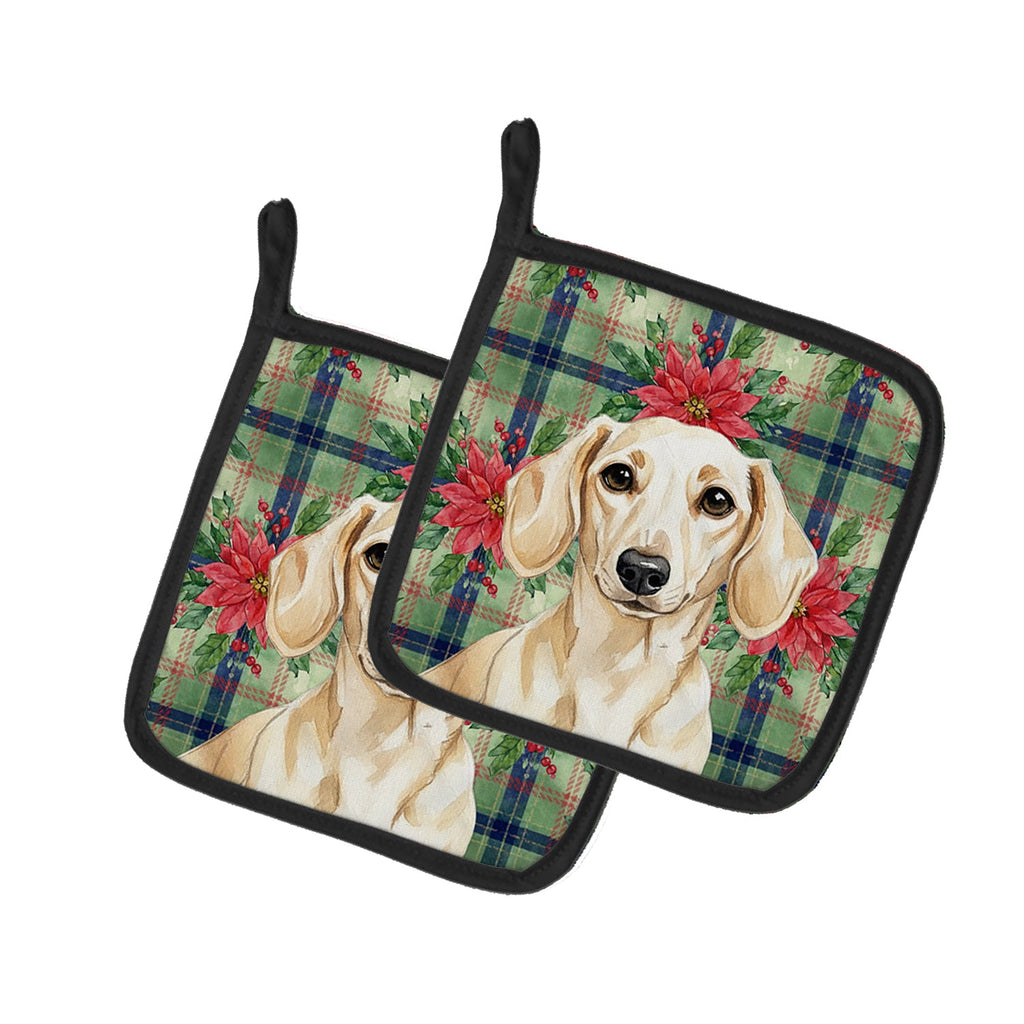 Cream Dachshund Christmas PoinsettIas Pot Holder Set of 2 Heat Resistant Quilted Hot Pads 7.5 x 7.5 Inch, Insulated Kitchen Trivets for Cooking & Baking