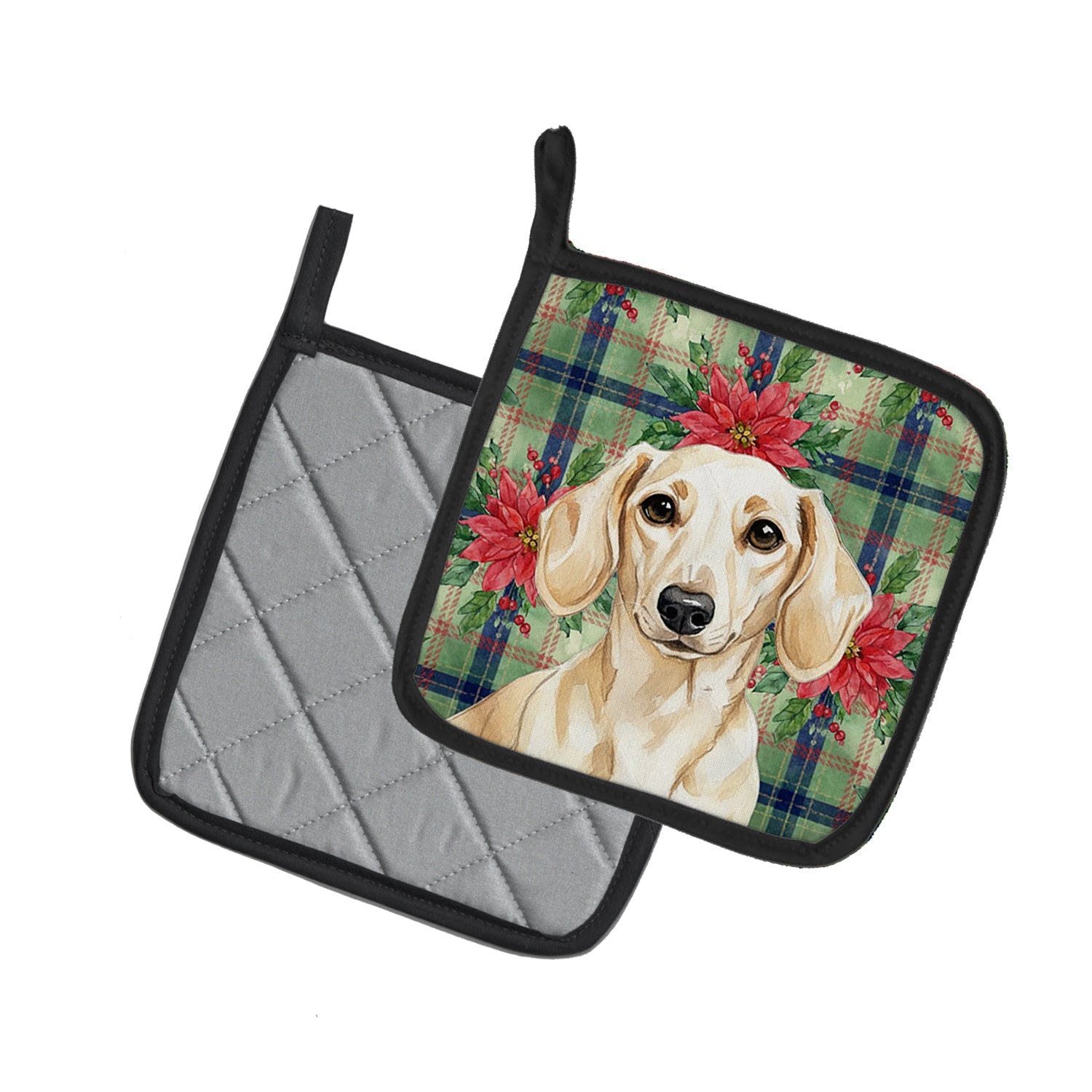Cream Dachshund Christmas PoinsettIas Pot Holder Set of 2 Heat Resistant Quilted Hot Pads 7.5 x 7.5 Inch, Insulated Kitchen Trivets for Cooking & Baking