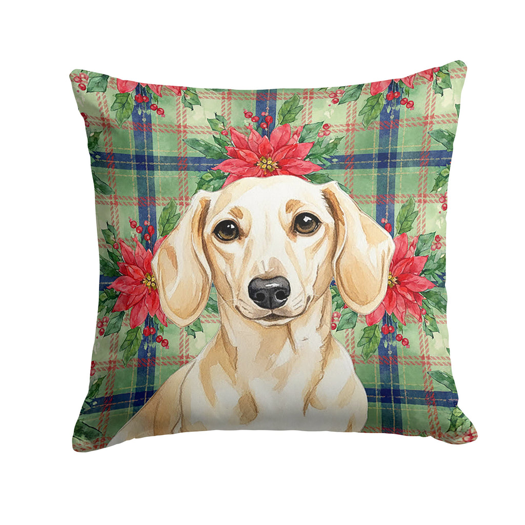Cream Dachshund Christmas PoinsettIas Decorative Throw Pillow 14x14 Indoor Outdoor Accent Cushion, Fabric Cover with Insert for Sofa, Bed, Porch & Living Room