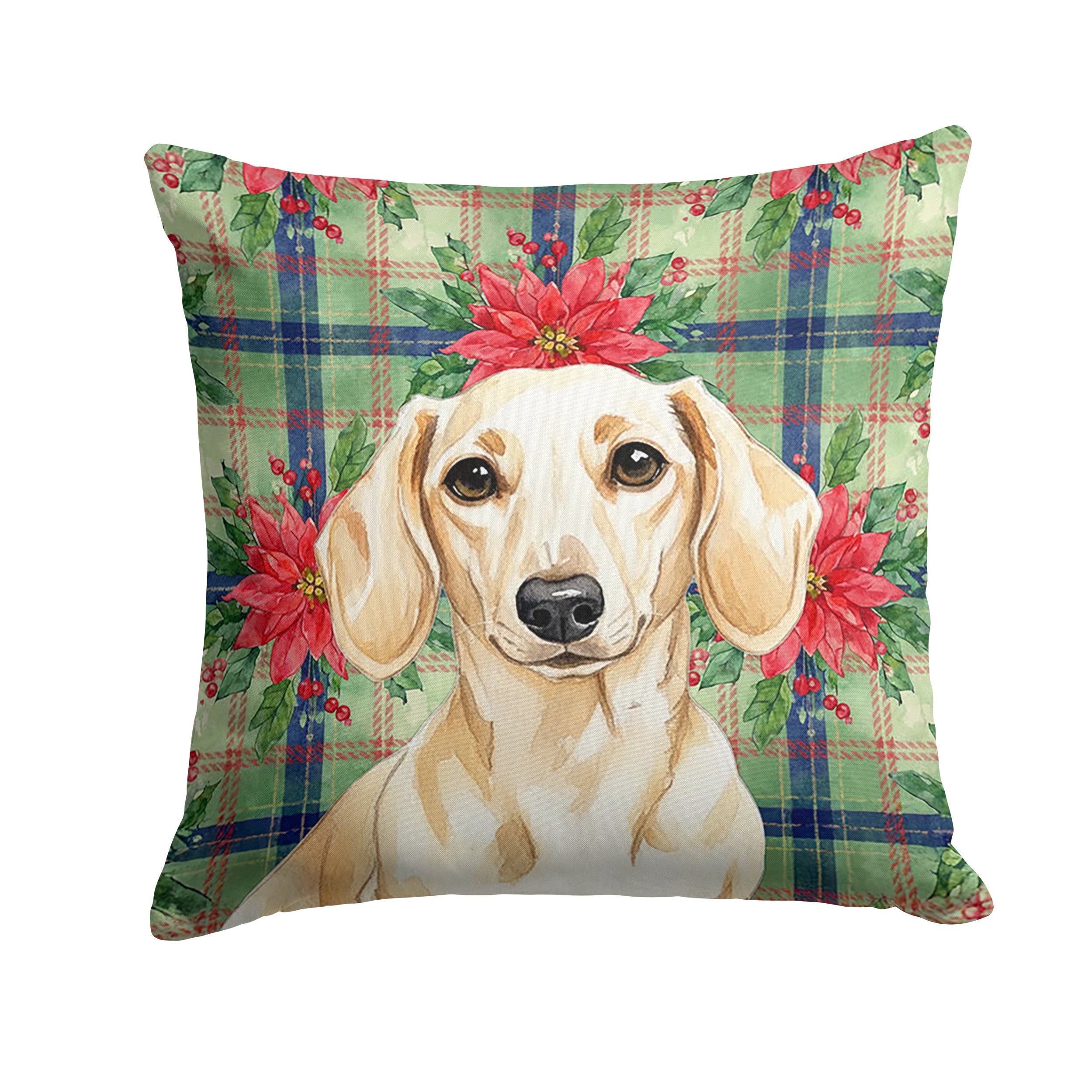 Cream Dachshund Christmas PoinsettIas Decorative Throw Pillow 18x18 Indoor Outdoor Accent Cushion, Fabric Cover with Insert for Sofa, Bed, Porch & Living Room