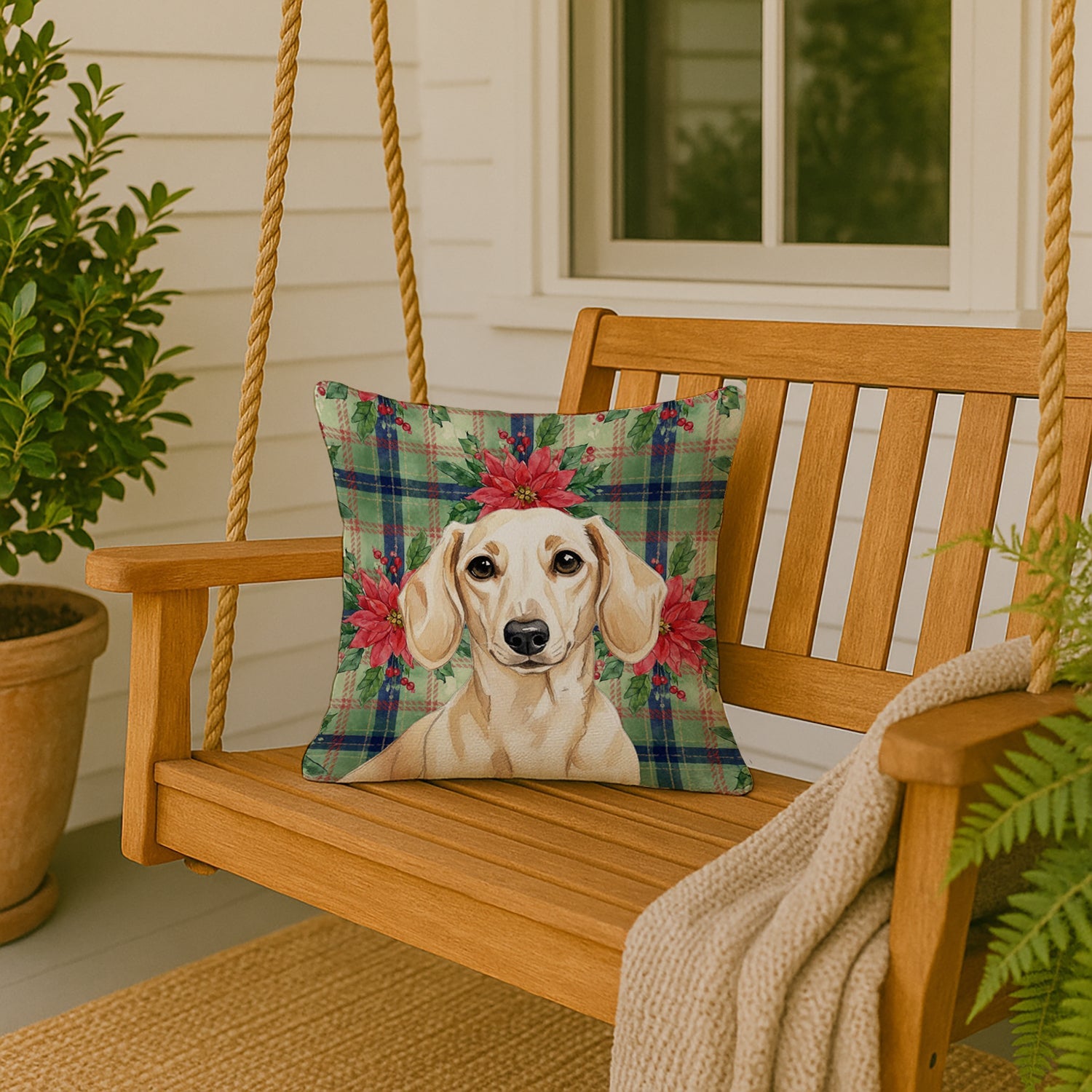 Cream Dachshund Christmas PoinsettIas Decorative Throw Pillow 18x18 Indoor Outdoor Accent Cushion, Fabric Cover with Insert for Sofa, Bed, Porch & Living Room