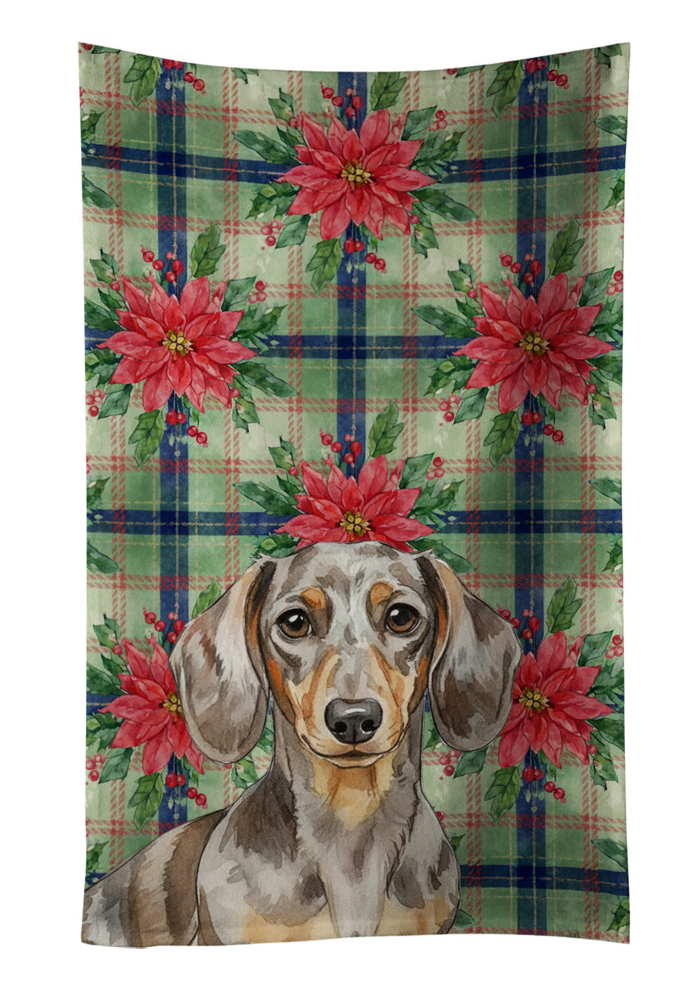 Dapple Dachshund Christmas PoinsettIas Kitchen Towel Velour Plush Front and Cotton Loop Back Machine Washable