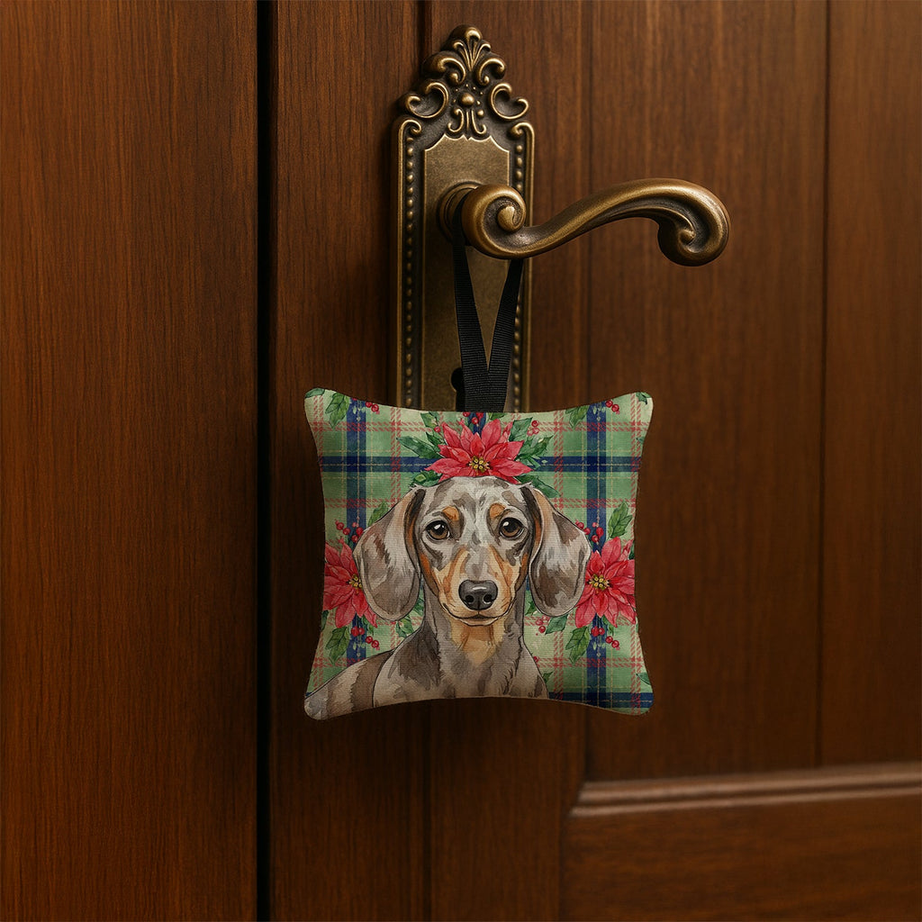Dapple Dachshund Christmas PoinsettIas Hanging Square Fabric Ornament 3.5 � 3.5 Decorative Door-Knob & Tree Hanger, Soft Fabric
