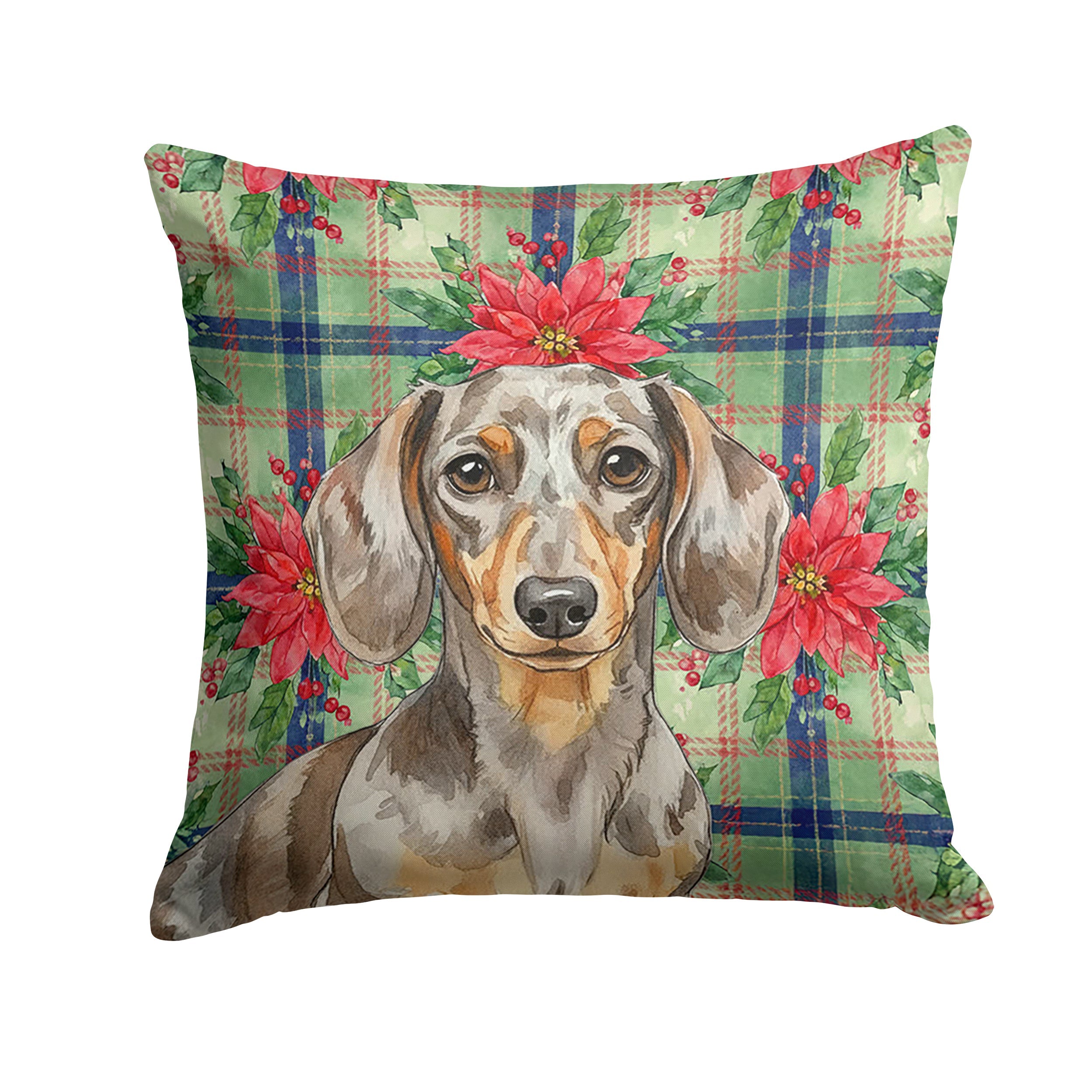 Dapple Dachshund Christmas PoinsettIas Decorative Throw Pillow 18x18 Indoor Outdoor Accent Cushion, Fabric Cover with Insert for Sofa, Bed, Porch & Living Room