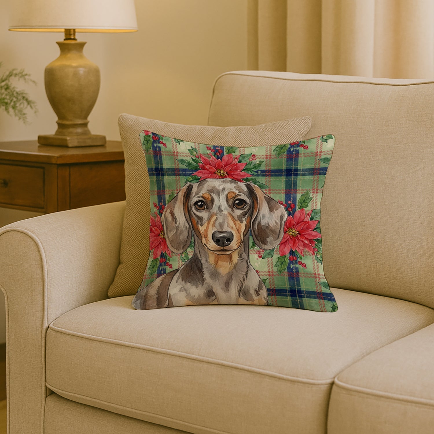 Dapple Dachshund Christmas PoinsettIas Decorative Throw Pillow 18x18 Indoor Outdoor Accent Cushion, Fabric Cover with Insert for Sofa, Bed, Porch & Living Room
