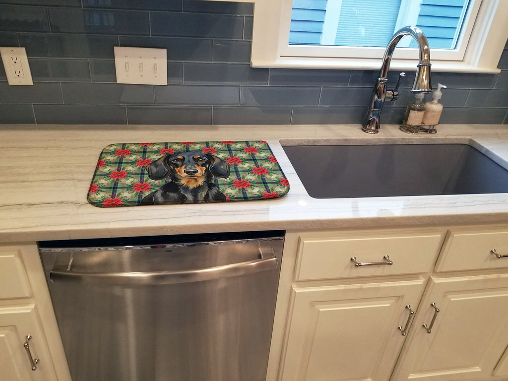 Longhaired Black and Tan Dachshund Christmas PoinsettIas Dish Drying Mat Absorbent Dish Drying Mat Pad for Kitchen Counter Dish Drainer Mat for Countertop, 14 x 21", Multicolor