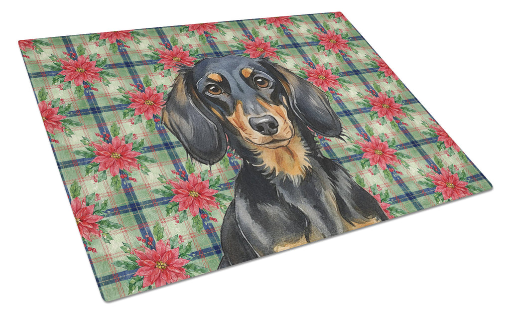 Longhaired Black and Tan Dachshund Christmas PoinsettIas Cutting Board Tempered Glass Kitchen Cutting Surface, Heat Resistant Chopping, Non-Slip Feet, Food Prep & Serving