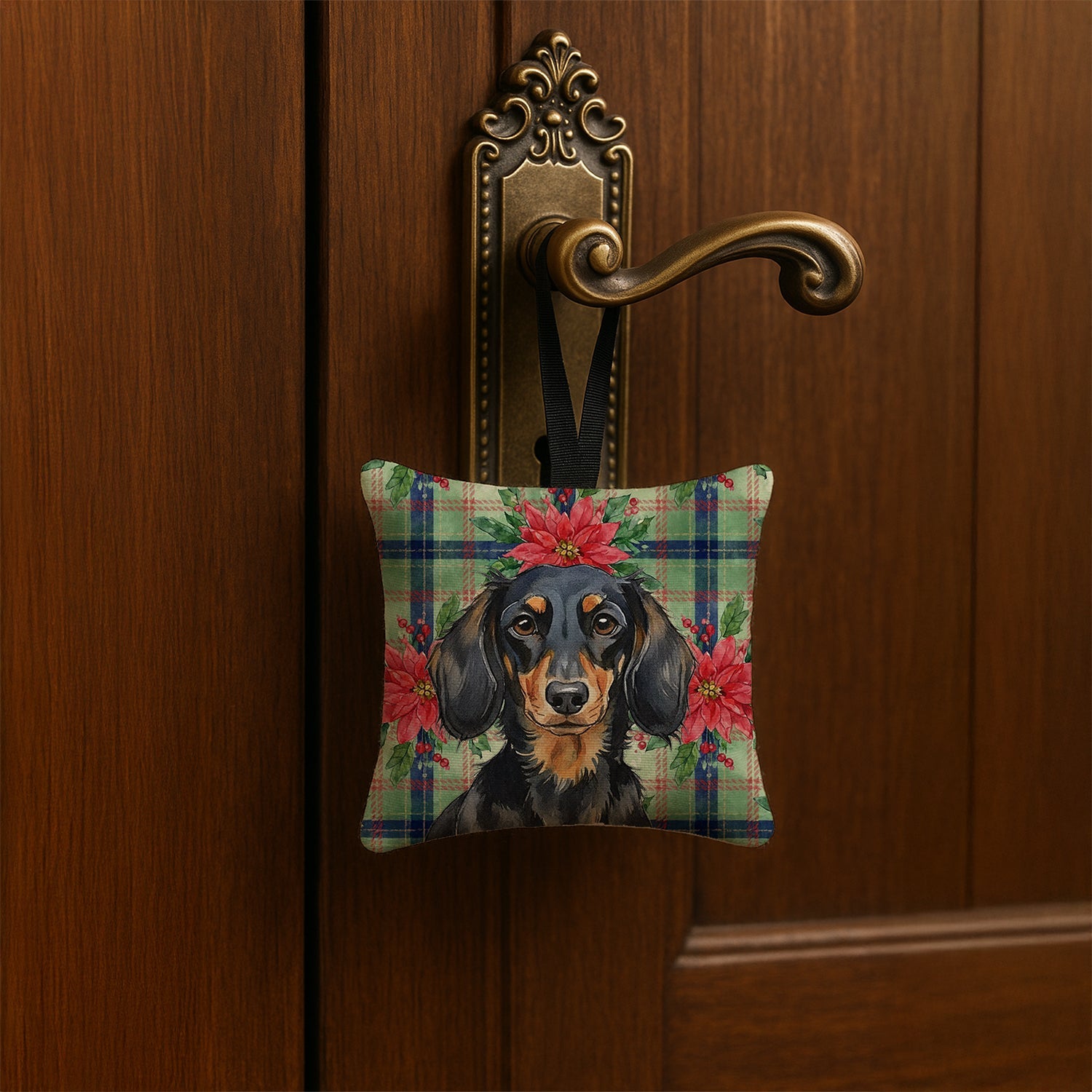 Longhaired Black and Tan Dachshund Christmas PoinsettIas Hanging Square Fabric Ornament 3.5 � 3.5 Decorative Door-Knob & Tree Hanger, Soft Fabric