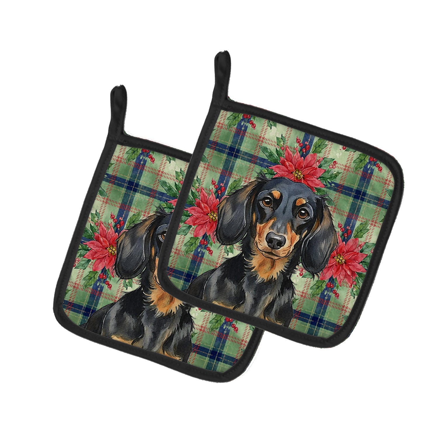 Longhaired Black and Tan Dachshund Christmas PoinsettIas Pot Holder Set of 2 Heat Resistant Quilted Hot Pads 7.5 x 7.5 Inch, Insulated Kitchen Trivets for Cooking & Baking