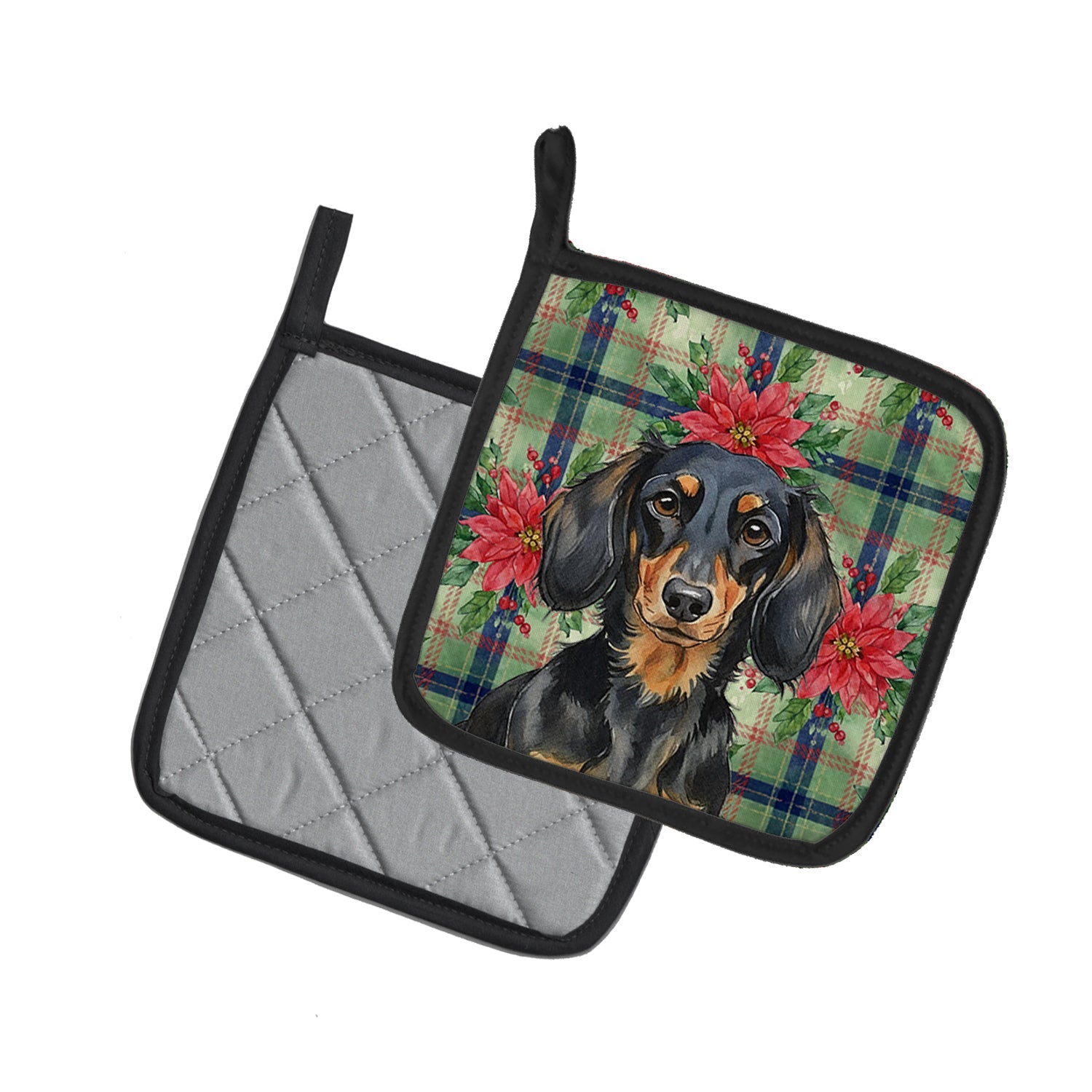 Longhaired Black and Tan Dachshund Christmas PoinsettIas Pot Holder Set of 2 Heat Resistant Quilted Hot Pads 7.5 x 7.5 Inch, Insulated Kitchen Trivets for Cooking & Baking