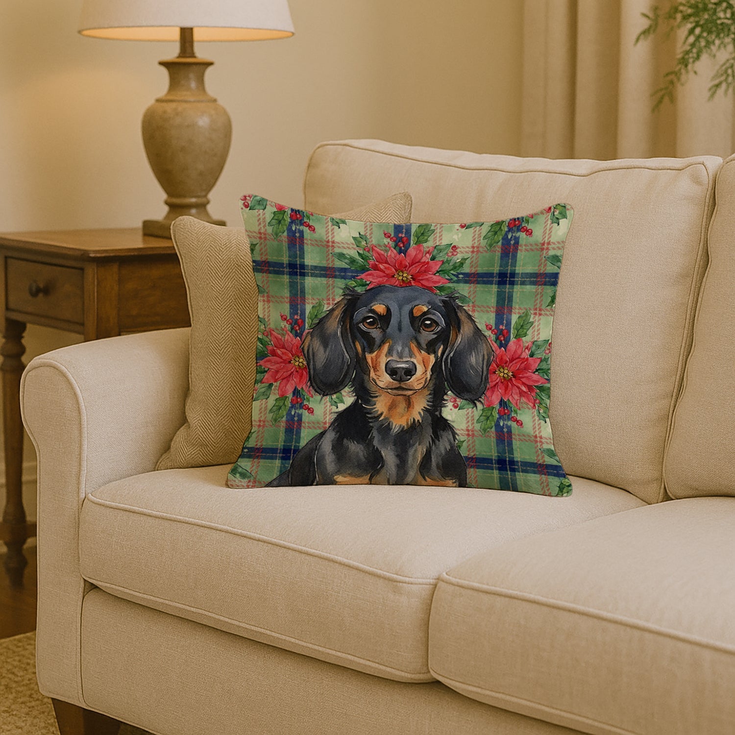 Longhaired Black and Tan Dachshund Christmas PoinsettIas Decorative Throw Pillow 14x14 Indoor Outdoor Accent Cushion, Fabric Cover with Insert for Sofa, Bed, Porch & Living Room