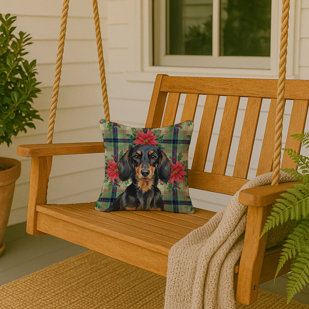Longhaired Black and Tan Dachshund Christmas PoinsettIas Decorative Throw Pillow 14x14 Indoor Outdoor Accent Cushion, Fabric Cover with Insert for Sofa, Bed, Porch & Living Room
