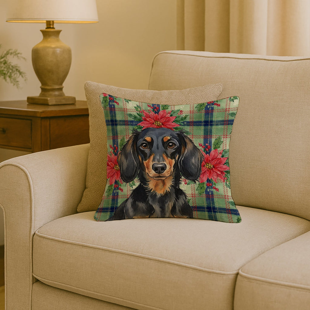 Longhaired Black and Tan Dachshund Christmas PoinsettIas Decorative Throw Pillow 18x18 Indoor Outdoor Accent Cushion, Fabric Cover with Insert for Sofa, Bed, Porch & Living Room