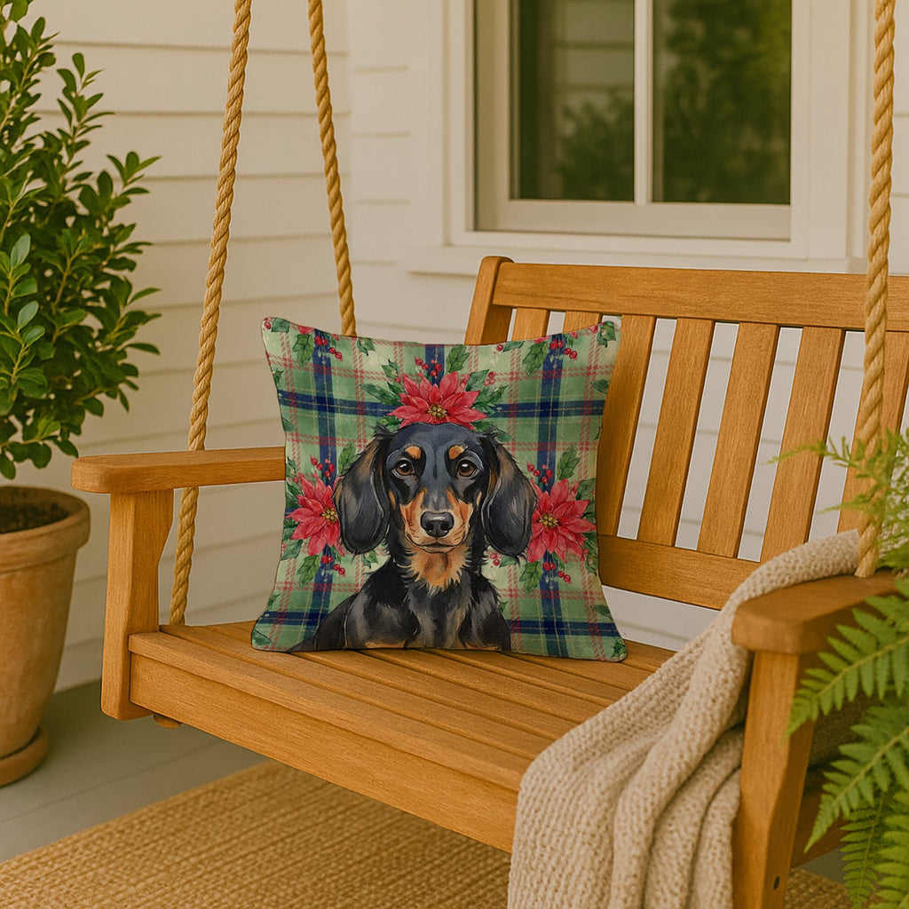 Longhaired Black and Tan Dachshund Christmas PoinsettIas Decorative Throw Pillow 18x18 Indoor Outdoor Accent Cushion, Fabric Cover with Insert for Sofa, Bed, Porch & Living Room