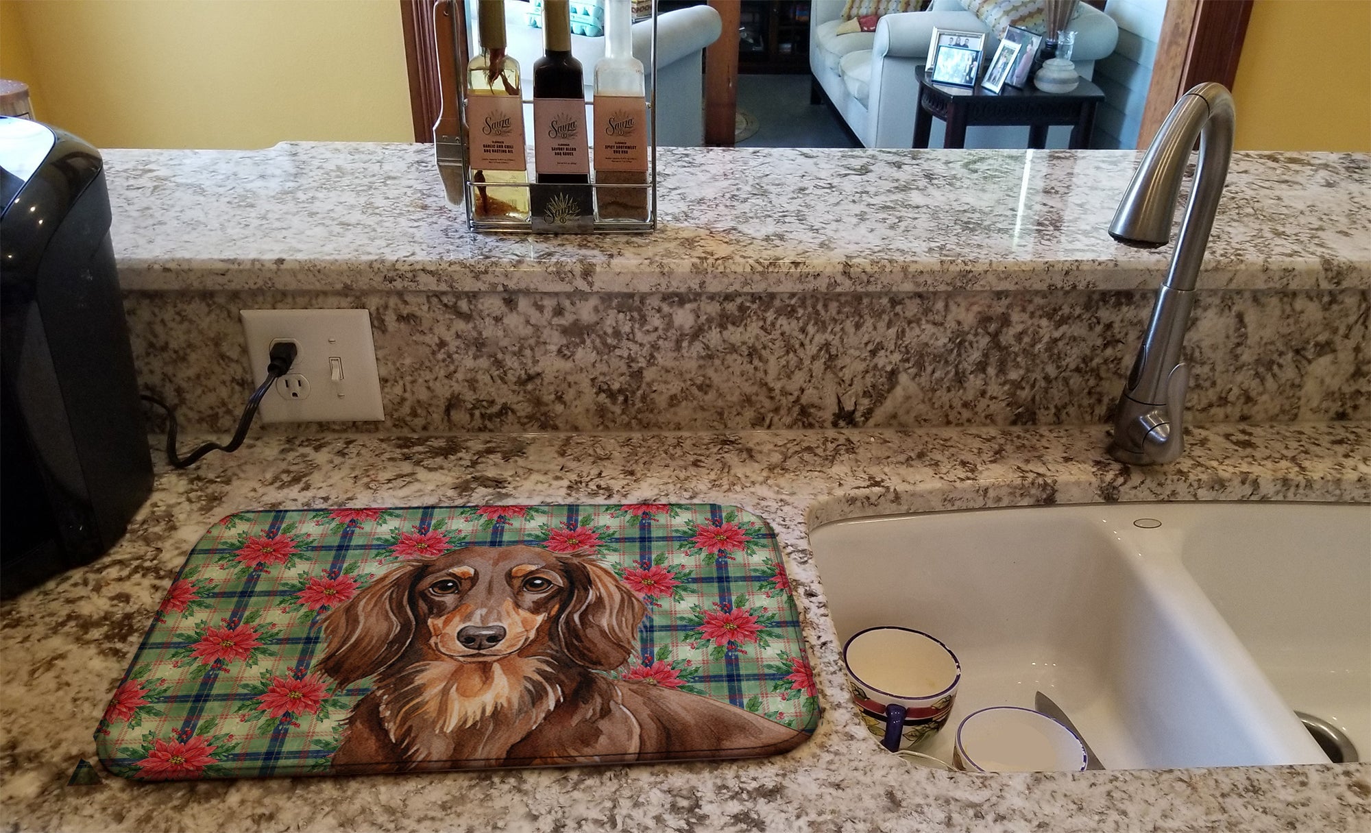 Longhaired Chocolate and Tan Dachshund Christmas PoinsettIas Dish Drying Mat Absorbent Dish Drying Mat Pad for Kitchen Counter Dish Drainer Mat for Countertop, 14 x 21", Multicolor