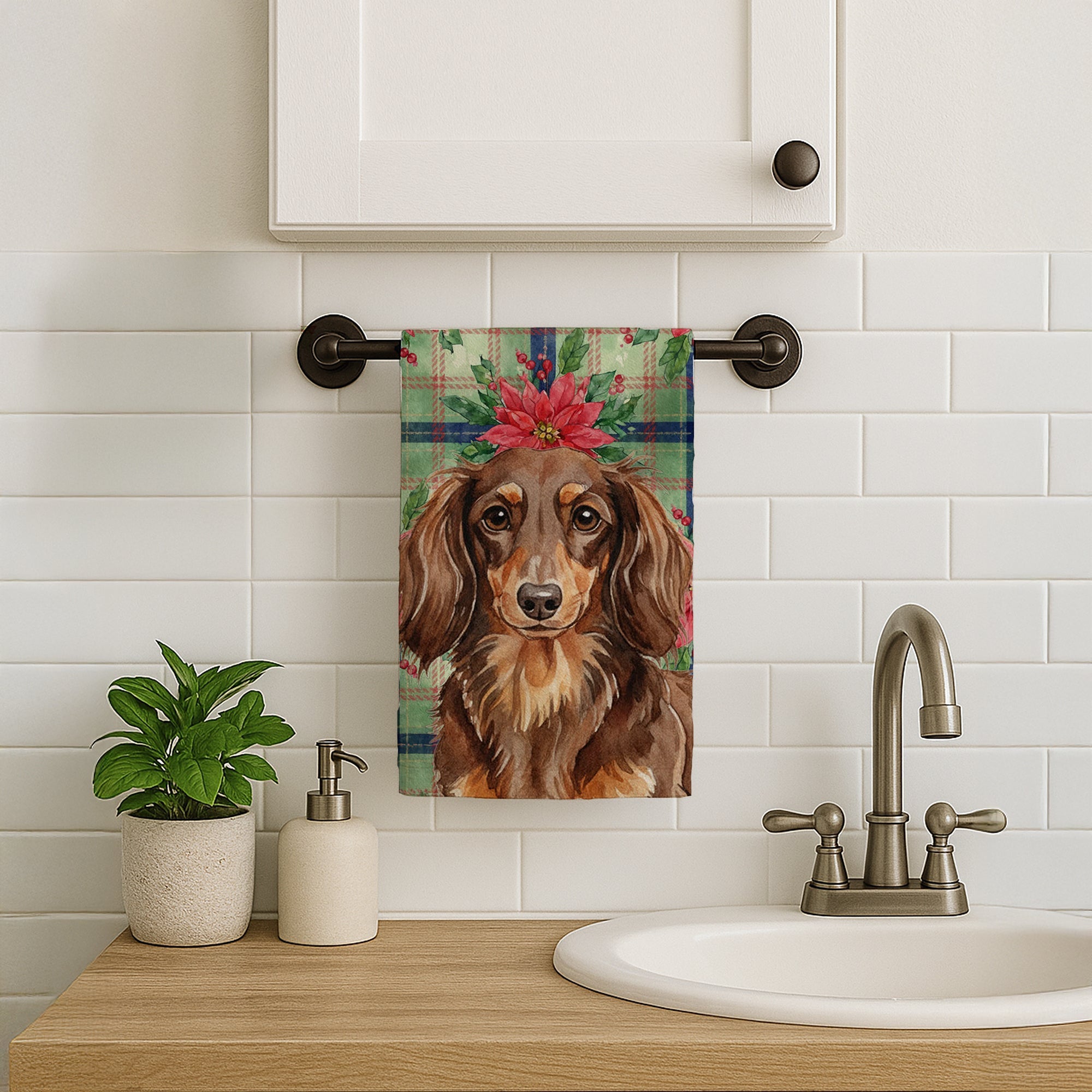 Longhaired Chocolate and Tan Dachshund Christmas PoinsettIas Kitchen Towel Velour Plush Front and Cotton Loop Back Machine Washable