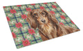 Longhaired Chocolate and Tan Dachshund Christmas PoinsettIas Cutting Board Tempered Glass Kitchen Cutting Surface, Heat Resistant Chopping, Non-Slip Feet, Food Prep & Serving
