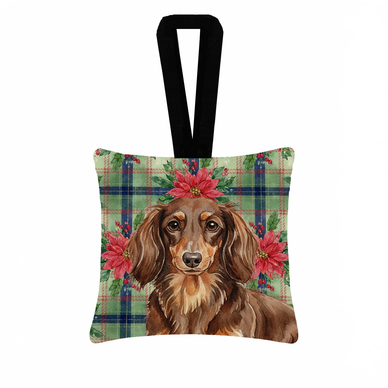 Longhaired Chocolate and Tan Dachshund Christmas PoinsettIas Hanging Square Fabric Ornament 3.5 � 3.5 Decorative Door-Knob & Tree Hanger, Soft Fabric