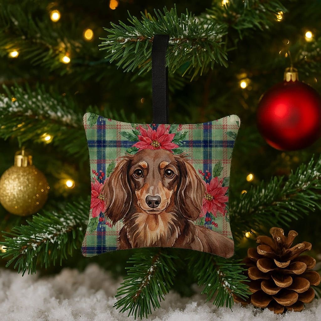 Longhaired Chocolate and Tan Dachshund Christmas PoinsettIas Hanging Square Fabric Ornament 3.5 � 3.5 Decorative Door-Knob & Tree Hanger, Soft Fabric