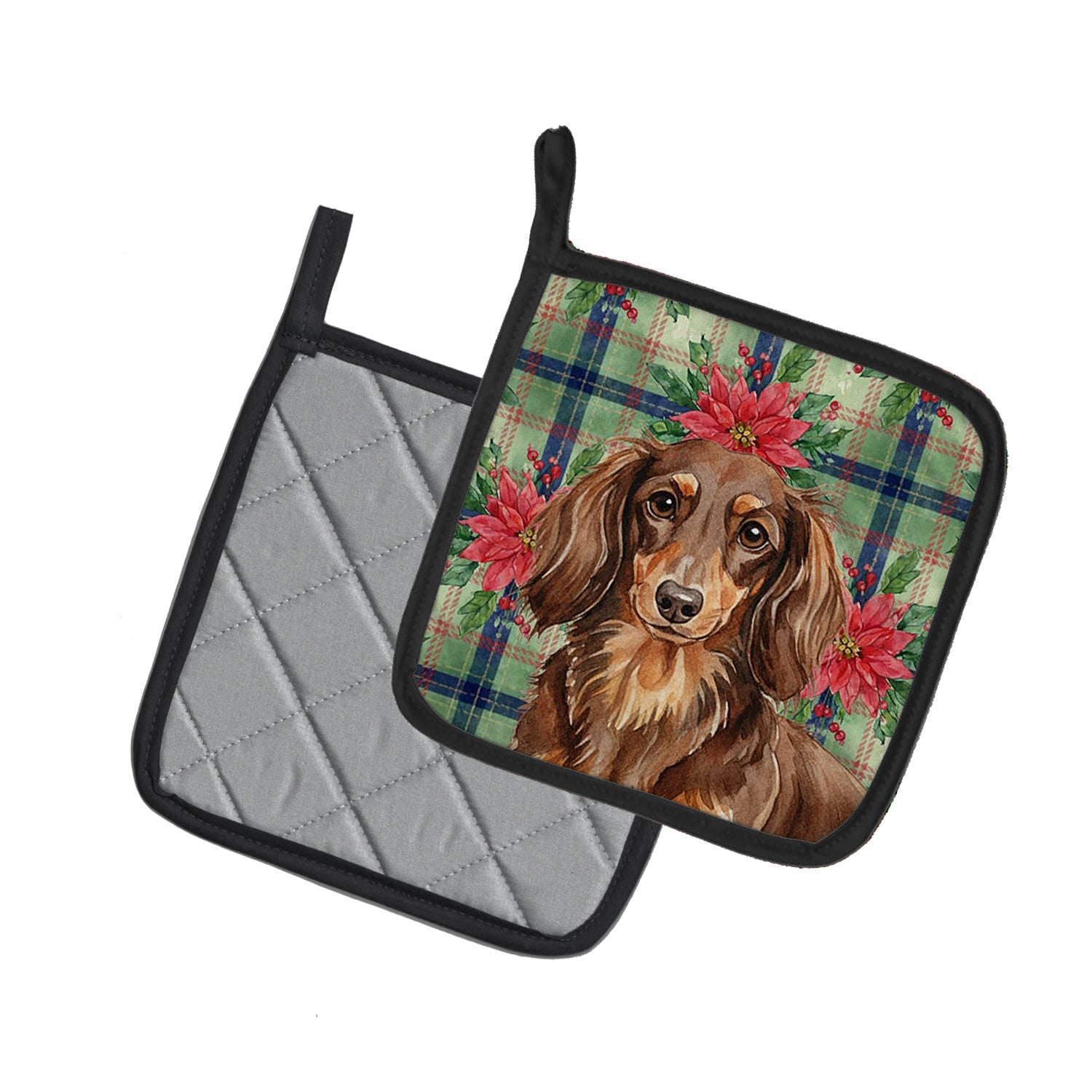Longhaired Chocolate and Tan Dachshund Christmas PoinsettIas Pot Holder Set of 2 Heat Resistant Quilted Hot Pads 7.5 x 7.5 Inch, Insulated Kitchen Trivets for Cooking & Baking