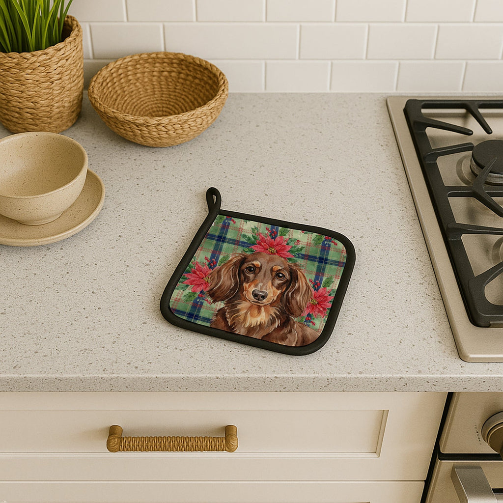 Longhaired Chocolate and Tan Dachshund Christmas PoinsettIas Pot Holder Set of 2 Heat Resistant Quilted Hot Pads 7.5 x 7.5 Inch, Insulated Kitchen Trivets for Cooking & Baking