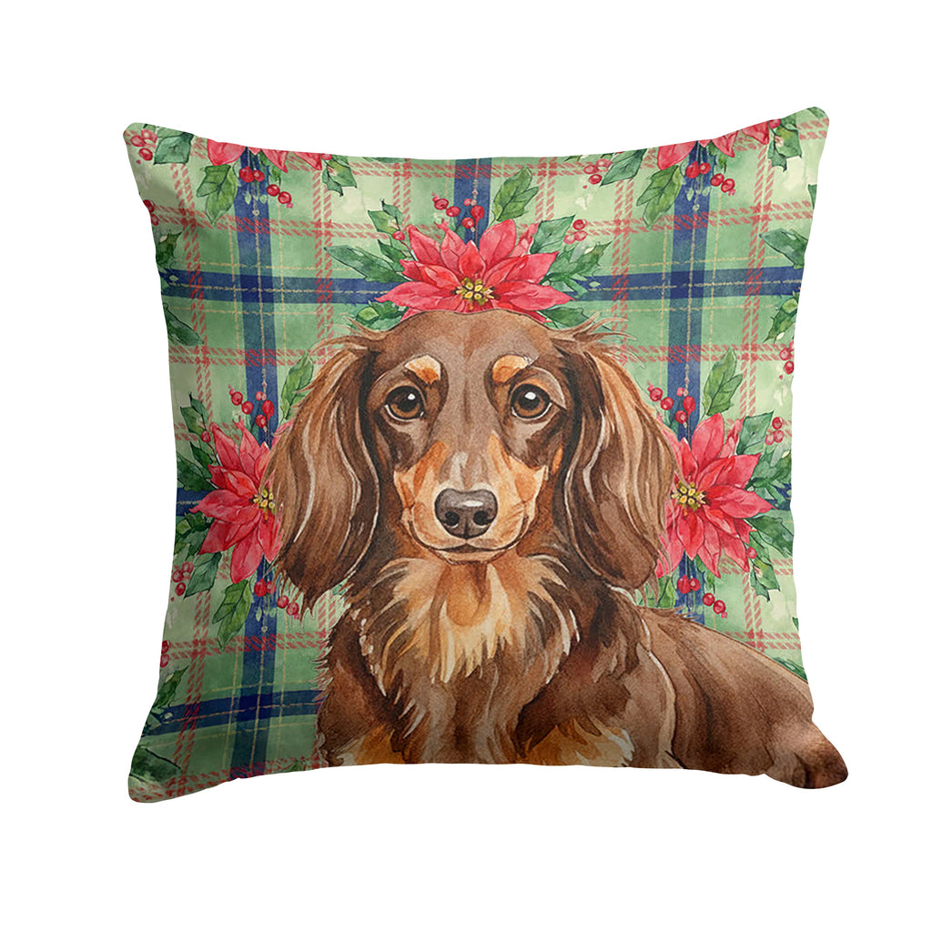 Longhaired Chocolate and Tan Dachshund Christmas PoinsettIas Decorative Throw Pillow 14x14 Indoor Outdoor Accent Cushion, Fabric Cover with Insert for Sofa, Bed, Porch & Living Room