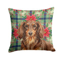 Longhaired Chocolate and Tan Dachshund Christmas PoinsettIas Decorative Throw Pillow 18x18 Indoor Outdoor Accent Cushion, Fabric Cover with Insert for Sofa, Bed, Porch & Living Room
