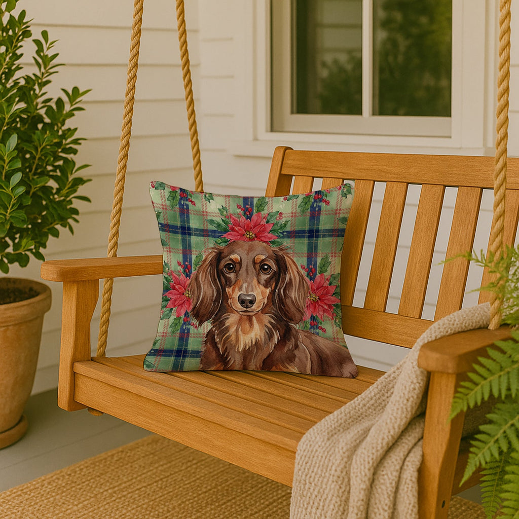 Longhaired Chocolate and Tan Dachshund Christmas PoinsettIas Decorative Throw Pillow 18x18 Indoor Outdoor Accent Cushion, Fabric Cover with Insert for Sofa, Bed, Porch & Living Room