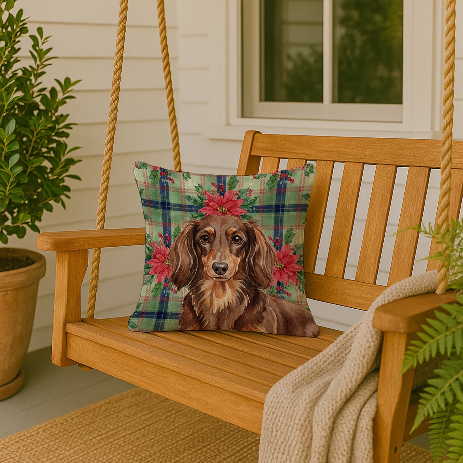 Longhaired Chocolate and Tan Dachshund Christmas PoinsettIas Decorative Throw Pillow 18x18 Indoor Outdoor Accent Cushion, Fabric Cover with Insert for Sofa, Bed, Porch & Living Room