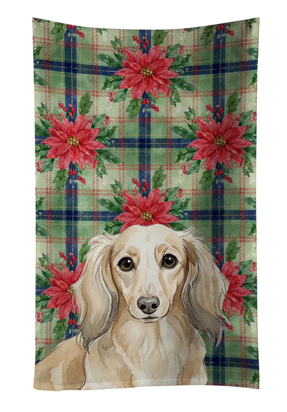 Longhaired Cream Dachshund Christmas PoinsettIas Kitchen Towel Velour Plush Front and Cotton Loop Back Machine Washable
