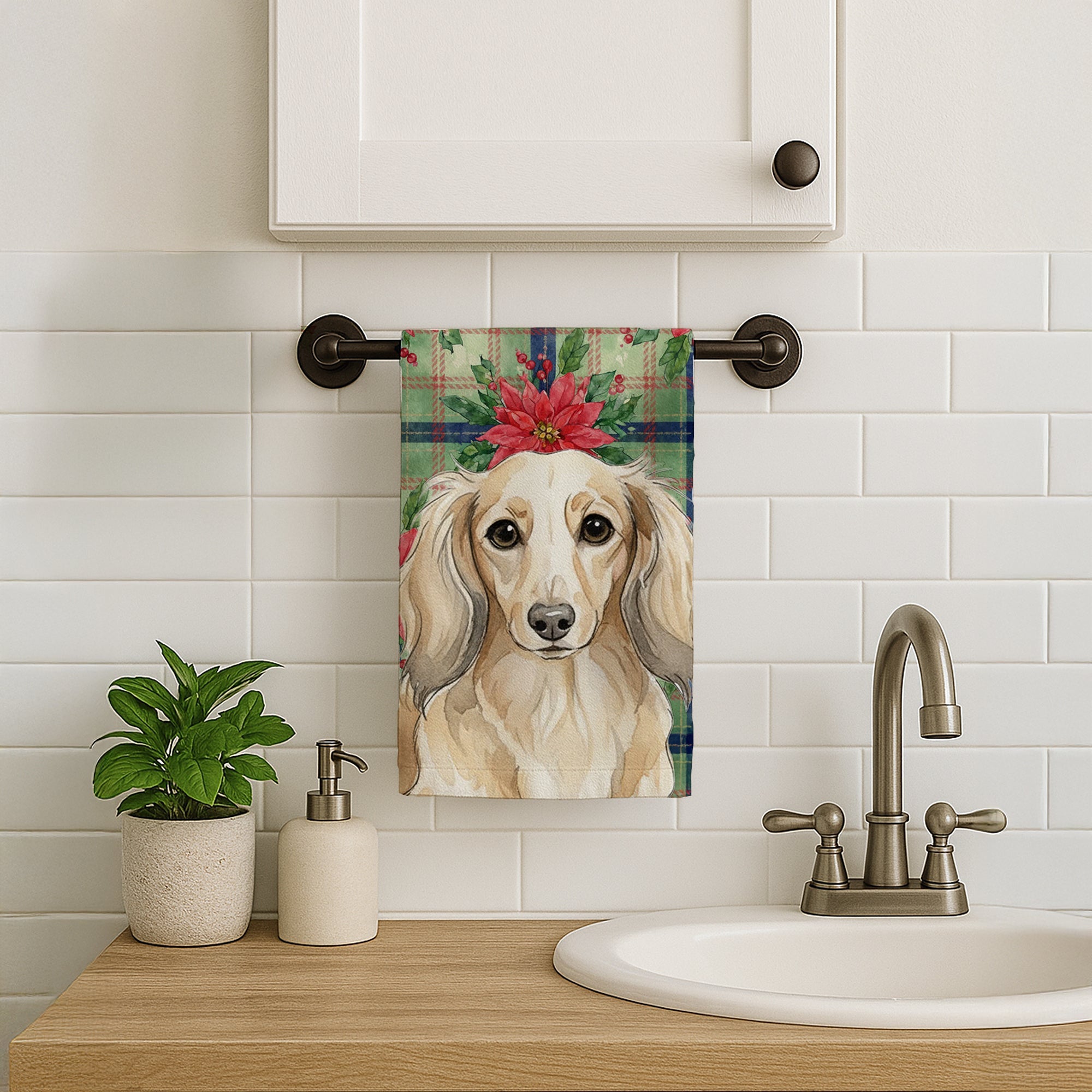 Longhaired Cream Dachshund Christmas PoinsettIas Kitchen Towel Velour Plush Front and Cotton Loop Back Machine Washable