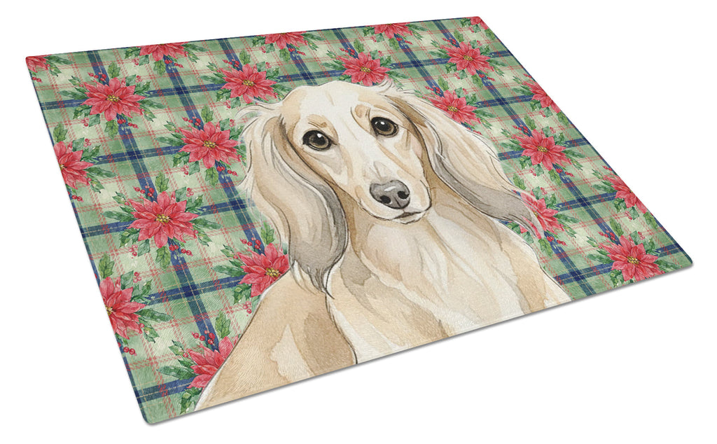Longhaired Cream Dachshund Christmas PoinsettIas Cutting Board Tempered Glass Kitchen Cutting Surface, Heat Resistant Chopping, Non-Slip Feet, Food Prep & Serving