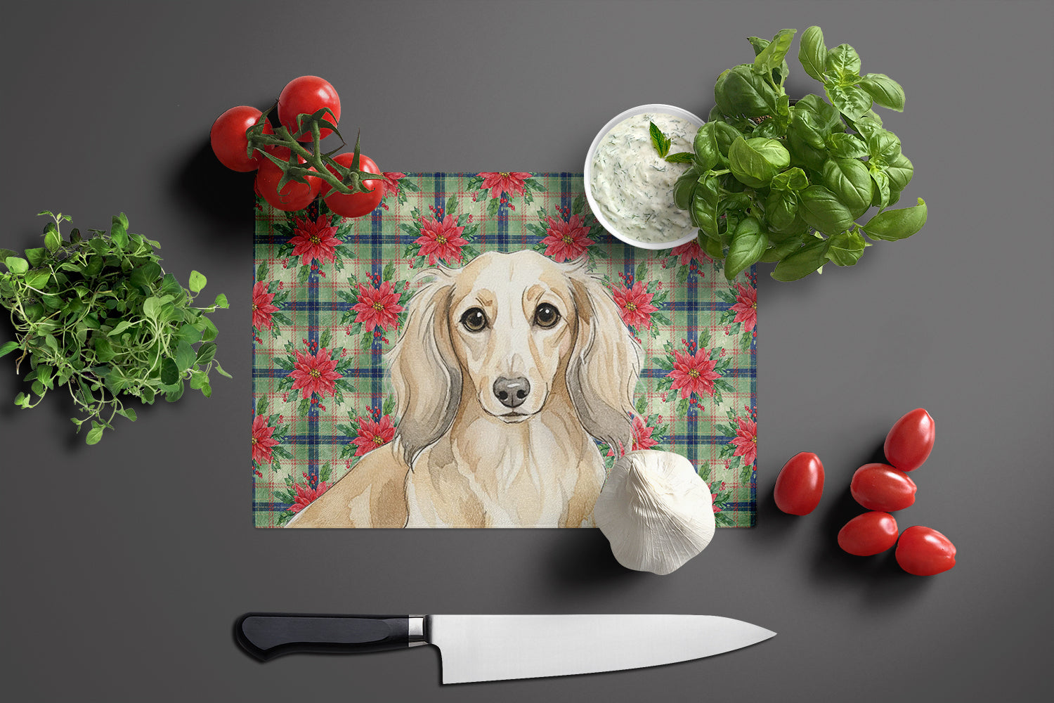 Longhaired Cream Dachshund Christmas PoinsettIas Cutting Board Tempered Glass Kitchen Cutting Surface, Heat Resistant Chopping, Non-Slip Feet, Food Prep & Serving