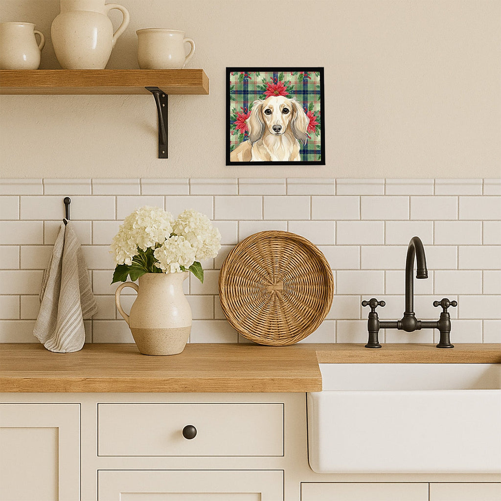 Longhaired Cream Dachshund Christmas PoinsettIas Framed Metal Print Bathroom, Kitchen, Office, Home Decor Wall Art Ready to Hang, Square, 8X8