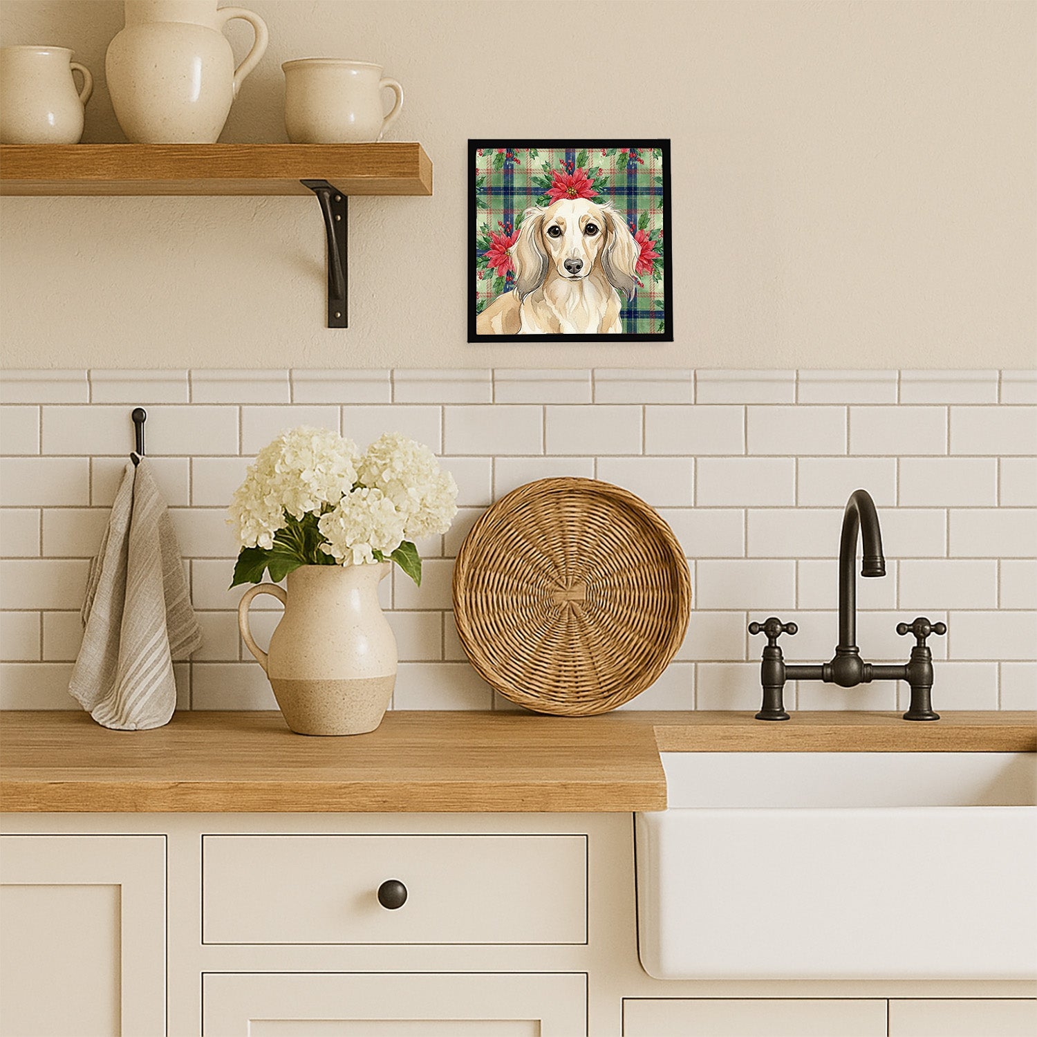 Longhaired Cream Dachshund Christmas PoinsettIas Framed Metal Print Bathroom, Kitchen, Office, Home Decor Wall Art Ready to Hang, Square, 8X8