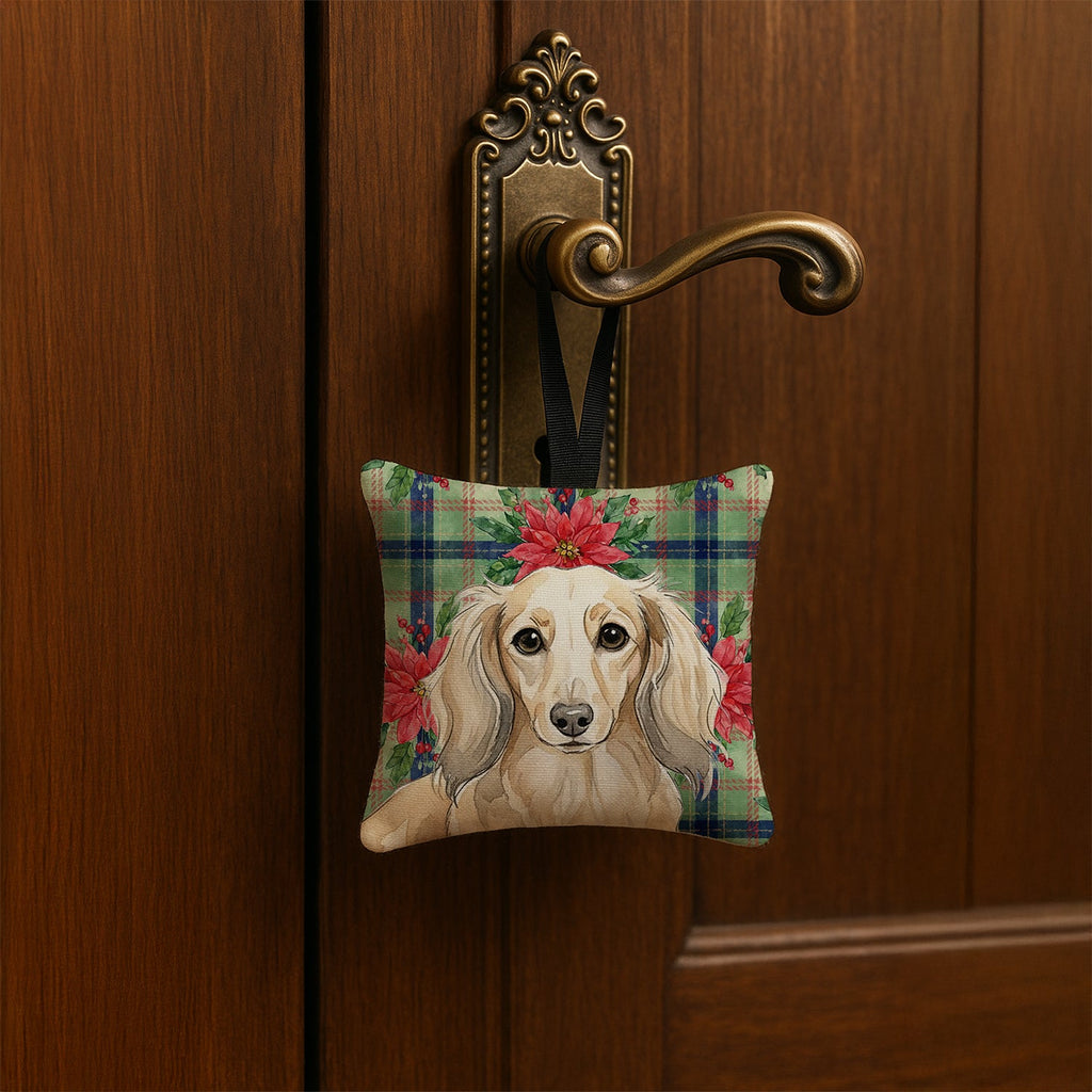 Longhaired Cream Dachshund Christmas PoinsettIas Hanging Square Fabric Ornament 3.5 � 3.5 Decorative Door-Knob & Tree Hanger, Soft Fabric
