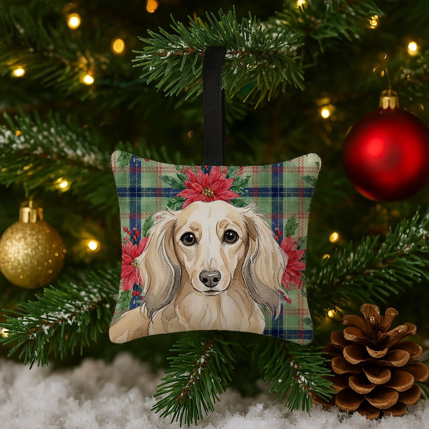 Longhaired Cream Dachshund Christmas PoinsettIas Hanging Square Fabric Ornament 3.5 � 3.5 Decorative Door-Knob & Tree Hanger, Soft Fabric
