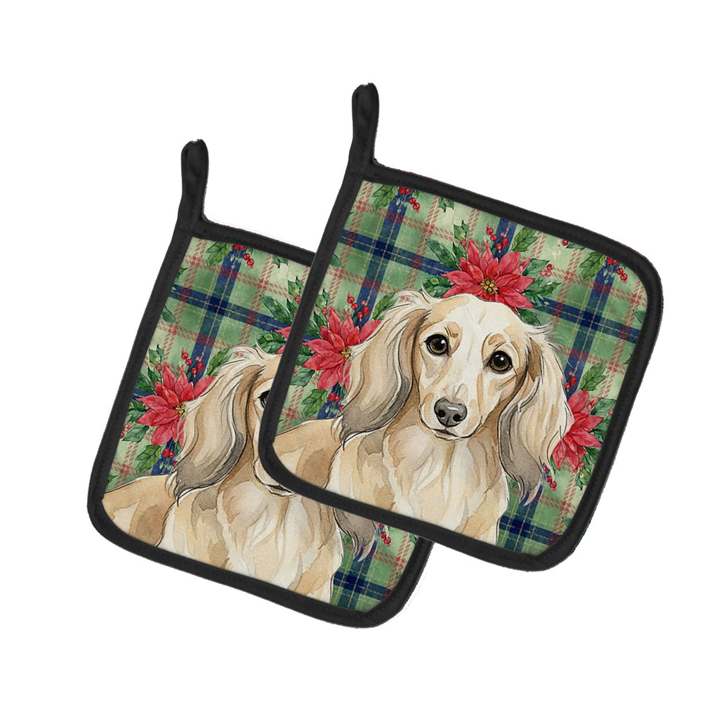 Longhaired Cream Dachshund Christmas PoinsettIas Pot Holder Set of 2 Heat Resistant Quilted Hot Pads 7.5 x 7.5 Inch, Insulated Kitchen Trivets for Cooking & Baking