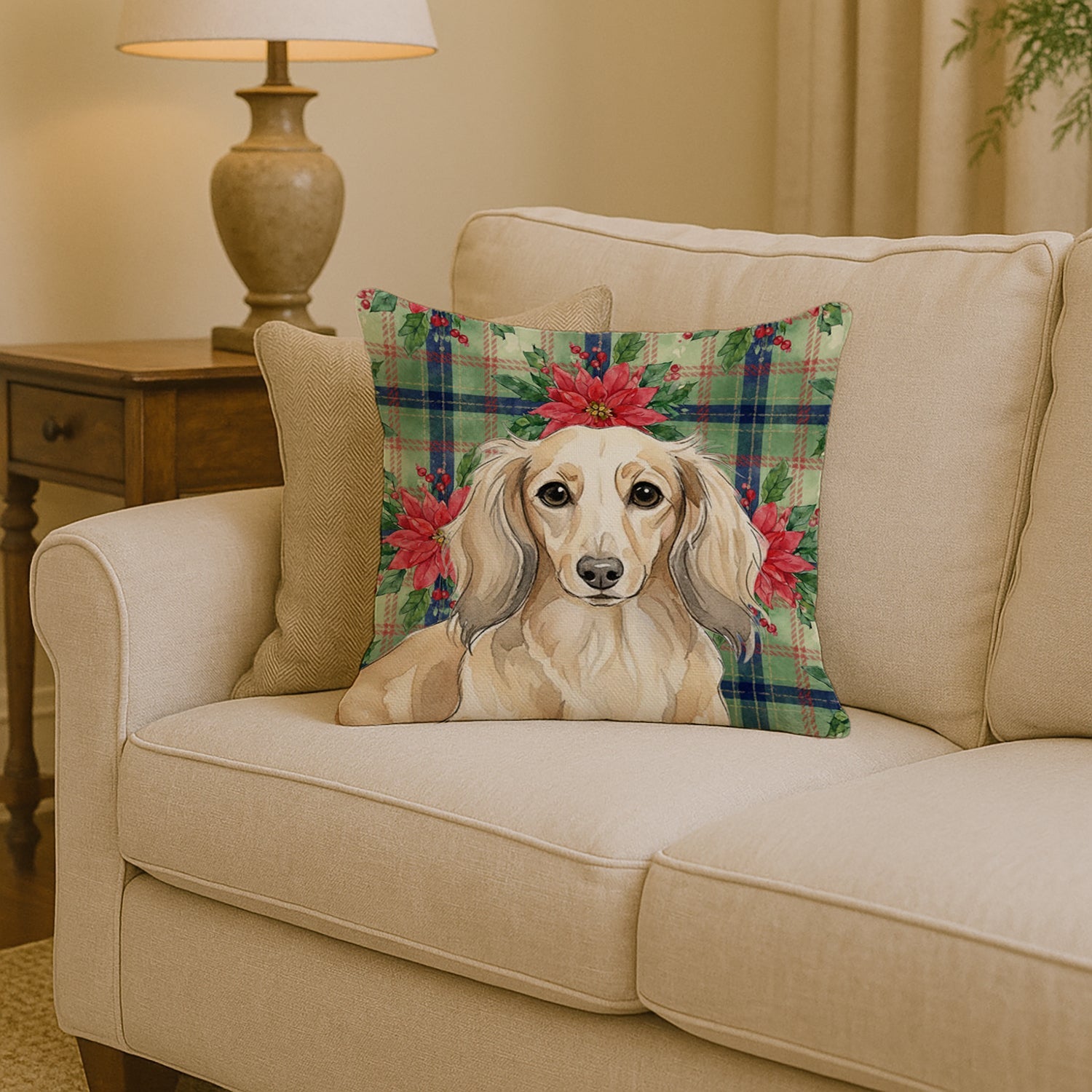 Longhaired Cream Dachshund Christmas PoinsettIas Decorative Throw Pillow 14x14 Indoor Outdoor Accent Cushion, Fabric Cover with Insert for Sofa, Bed, Porch & Living Room