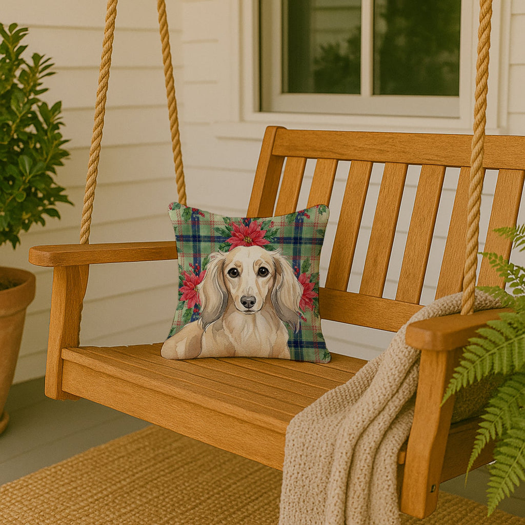 Longhaired Cream Dachshund Christmas PoinsettIas Decorative Throw Pillow 14x14 Indoor Outdoor Accent Cushion, Fabric Cover with Insert for Sofa, Bed, Porch & Living Room