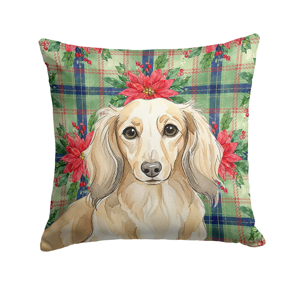 Longhaired Cream Dachshund Christmas PoinsettIas Decorative Throw Pillow 18x18 Indoor Outdoor Accent Cushion, Fabric Cover with Insert for Sofa, Bed, Porch & Living Room