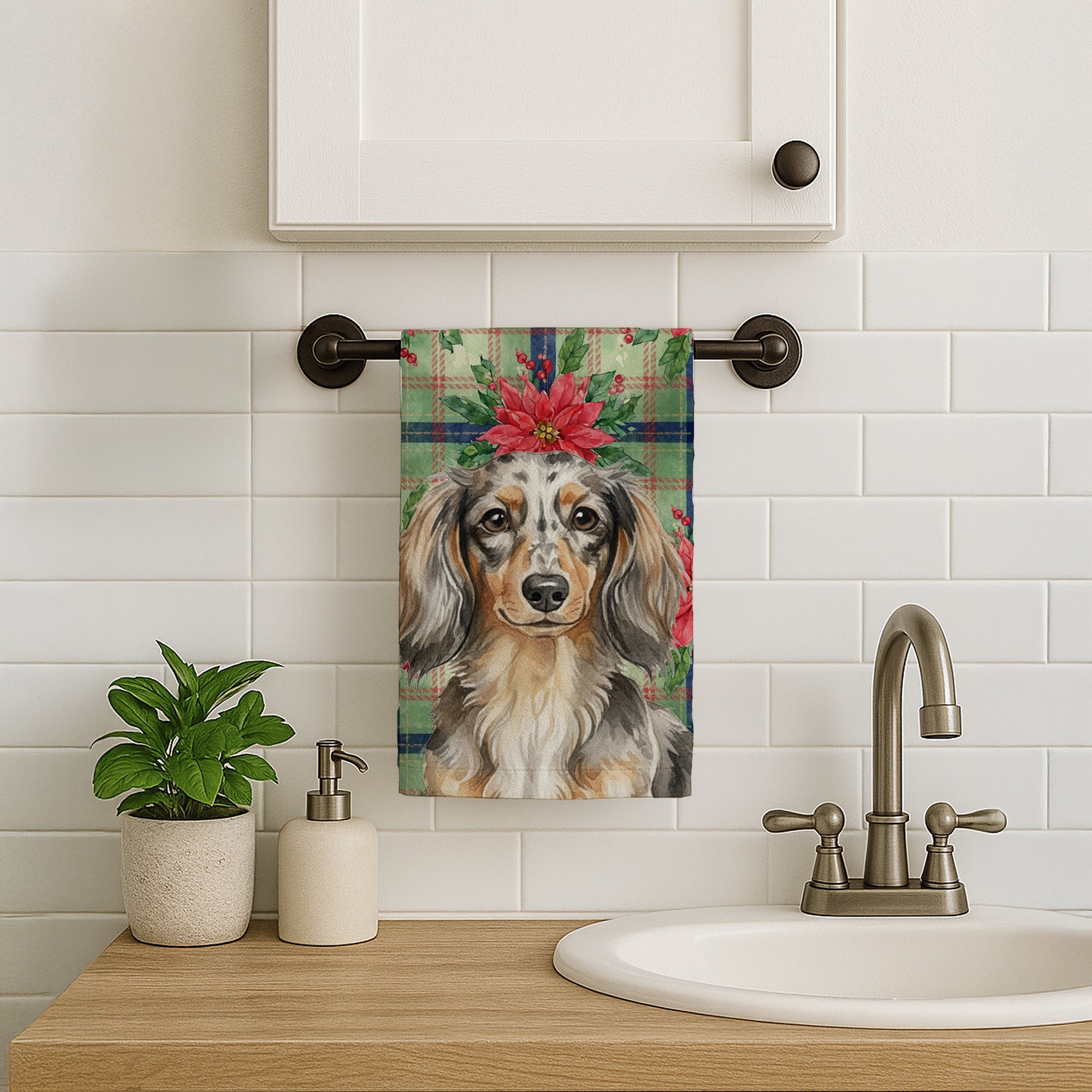 Longhaired Dapple Dachshund Christmas PoinsettIas Kitchen Towel Velour Plush Front and Cotton Loop Back Machine Washable