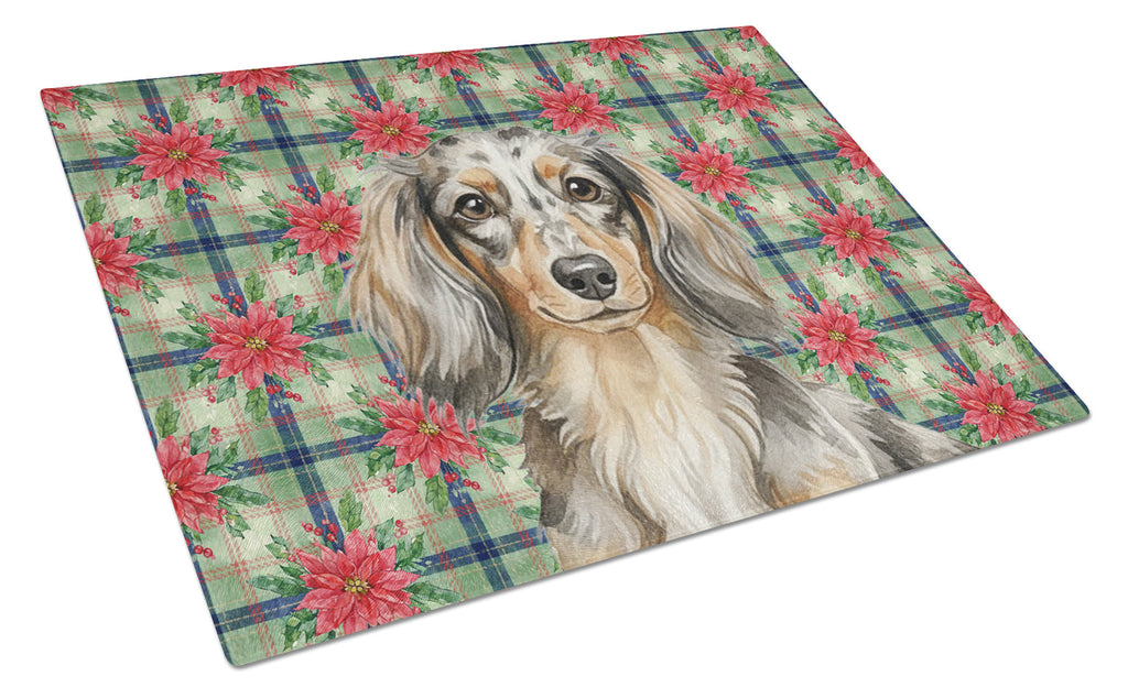 Longhaired Dapple Dachshund Christmas PoinsettIas Cutting Board Tempered Glass Kitchen Cutting Surface, Heat Resistant Chopping, Non-Slip Feet, Food Prep & Serving