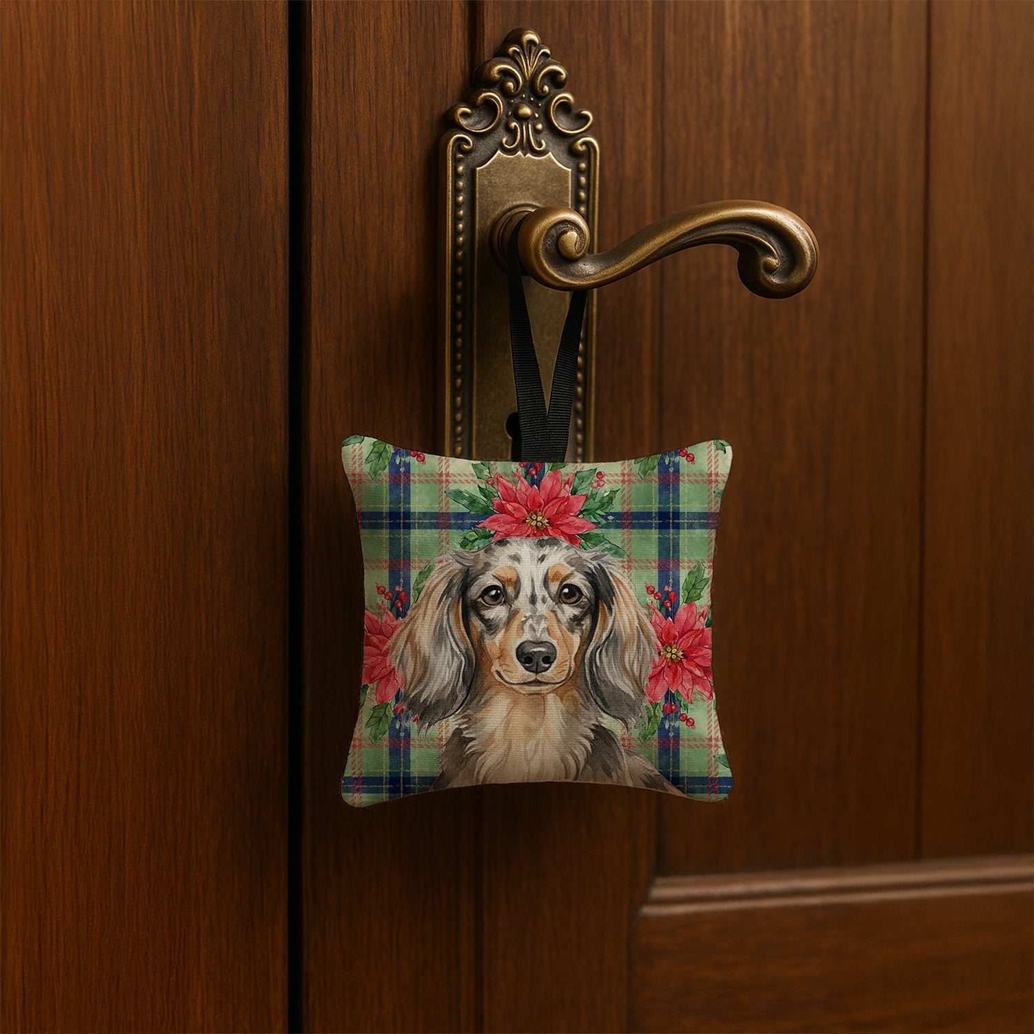 Longhaired Dapple Dachshund Christmas PoinsettIas Hanging Square Fabric Ornament 3.5 � 3.5 Decorative Door-Knob & Tree Hanger, Soft Fabric