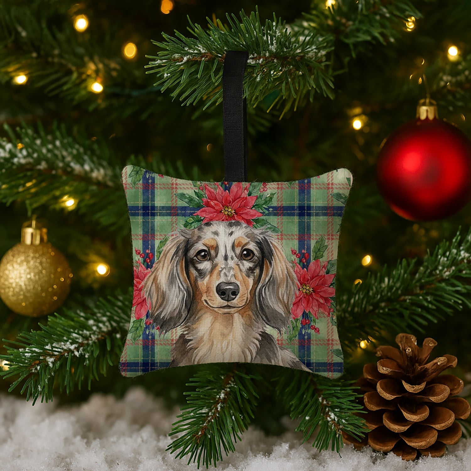 Longhaired Dapple Dachshund Christmas PoinsettIas Hanging Square Fabric Ornament 3.5 � 3.5 Decorative Door-Knob & Tree Hanger, Soft Fabric