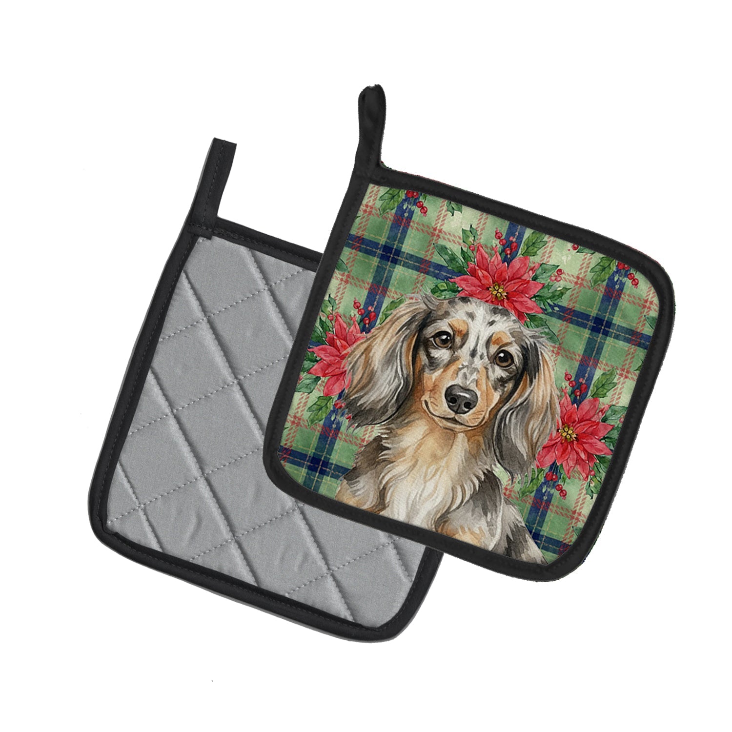 Longhaired Dapple Dachshund Christmas PoinsettIas Pot Holder Set of 2 Heat Resistant Quilted Hot Pads 7.5 x 7.5 Inch, Insulated Kitchen Trivets for Cooking & Baking