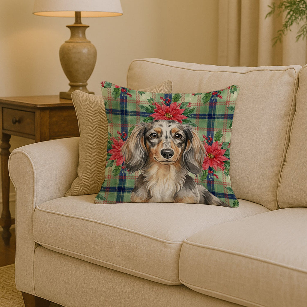 Longhaired Dapple Dachshund Christmas PoinsettIas Decorative Throw Pillow 14x14 Indoor Outdoor Accent Cushion, Fabric Cover with Insert for Sofa, Bed, Porch & Living Room