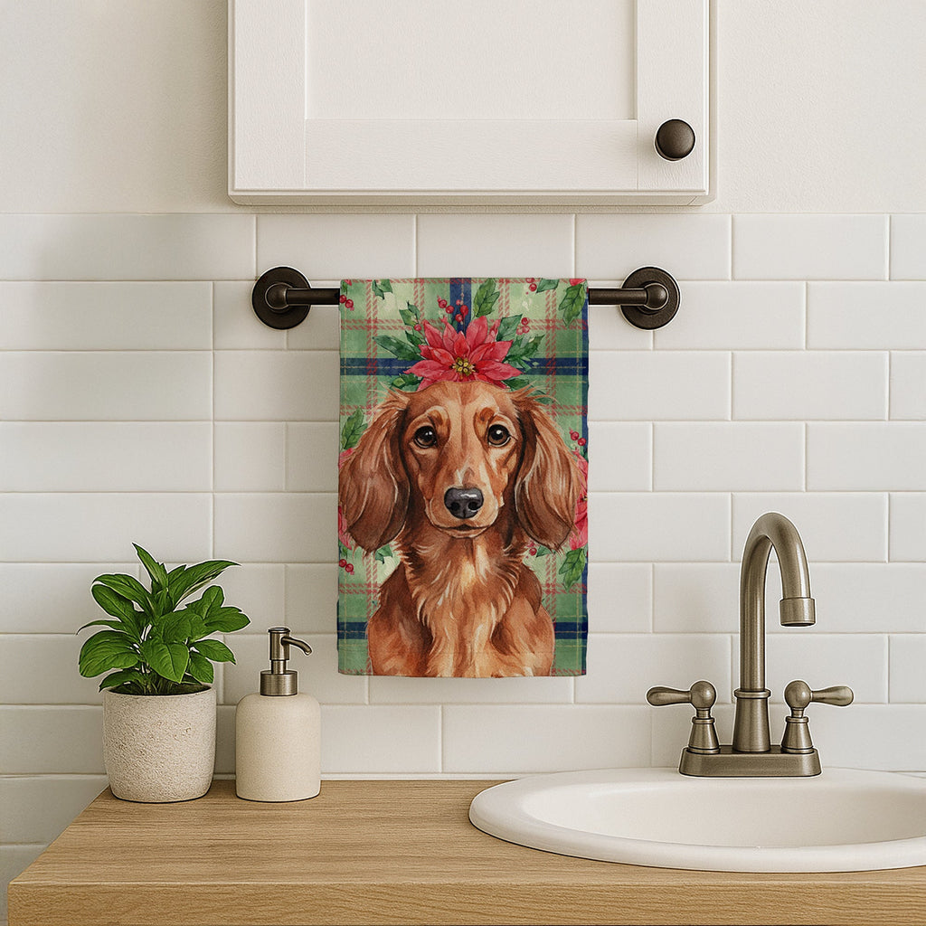 Longhaired Red Dachshund Christmas PoinsettIas Kitchen Towel Velour Plush Front and Cotton Loop Back Machine Washable