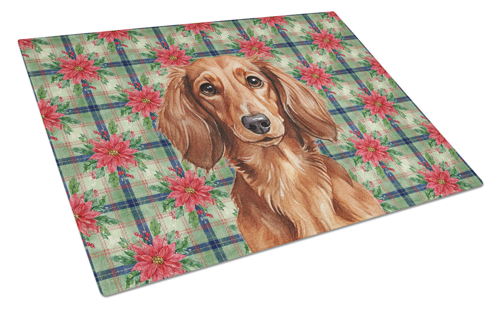 Longhaired Red Dachshund Christmas PoinsettIas Cutting Board Tempered Glass Kitchen Cutting Surface, Heat Resistant Chopping, Non-Slip Feet, Food Prep & Serving